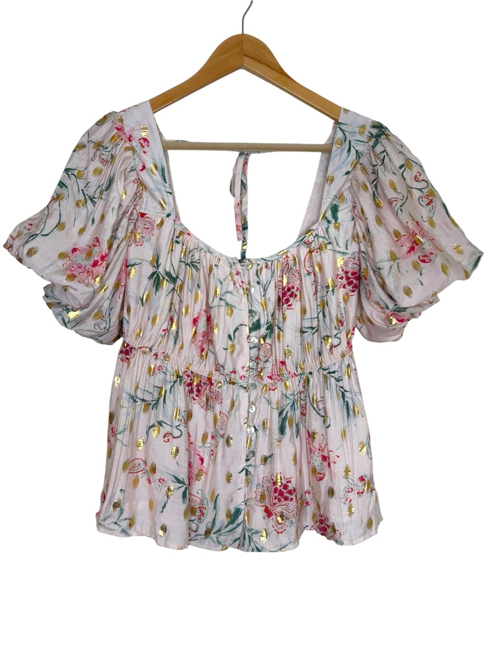 bigHit fashions blouse bubble sleeve boho white pink floral gold dot medium